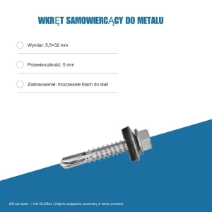 Wkręt samowiercący do metalu 5,5x32 mm, przewiercalność 5 mm, EPDM, 250 szt. – ocynk bez lakieru